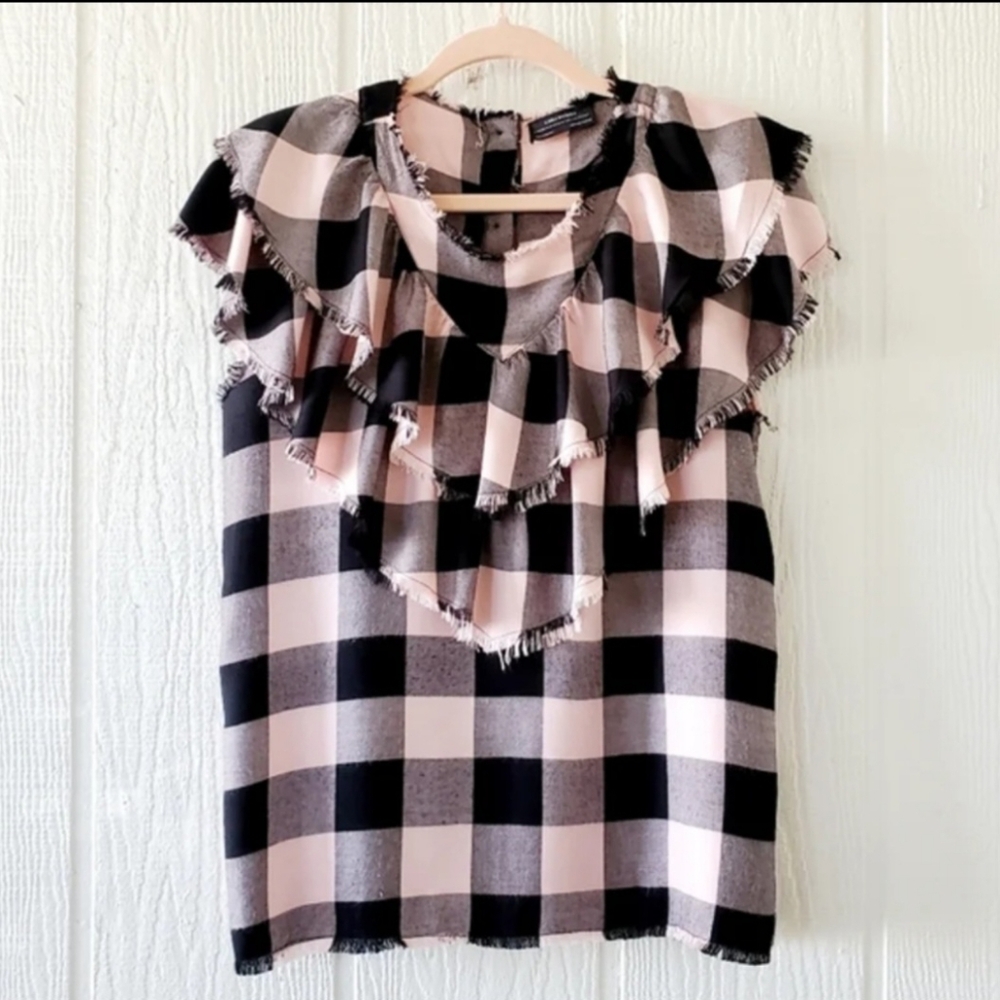 ZARA Pink & Black Buffalo Check Plaid Ruffled Button Back Sleeveless Top Small